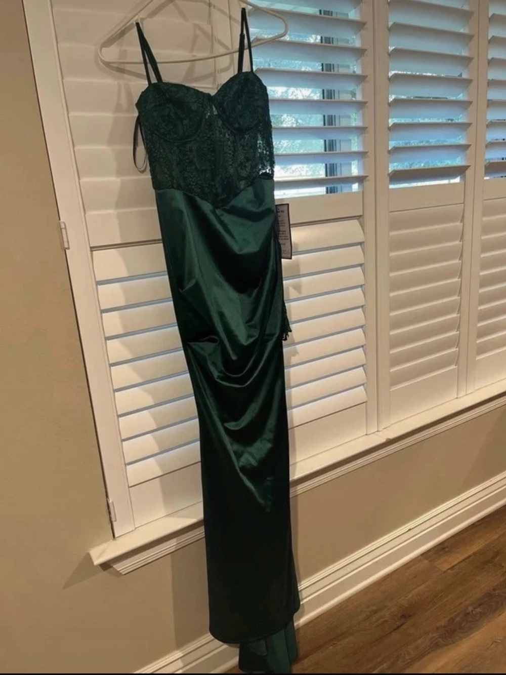 Macy's Emerald Green Satin & Lace Maxi Dress